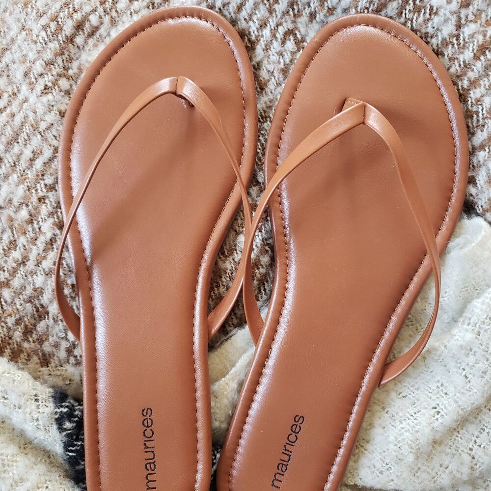 Maurices Faux Leather Brown Flip Flops Size 10